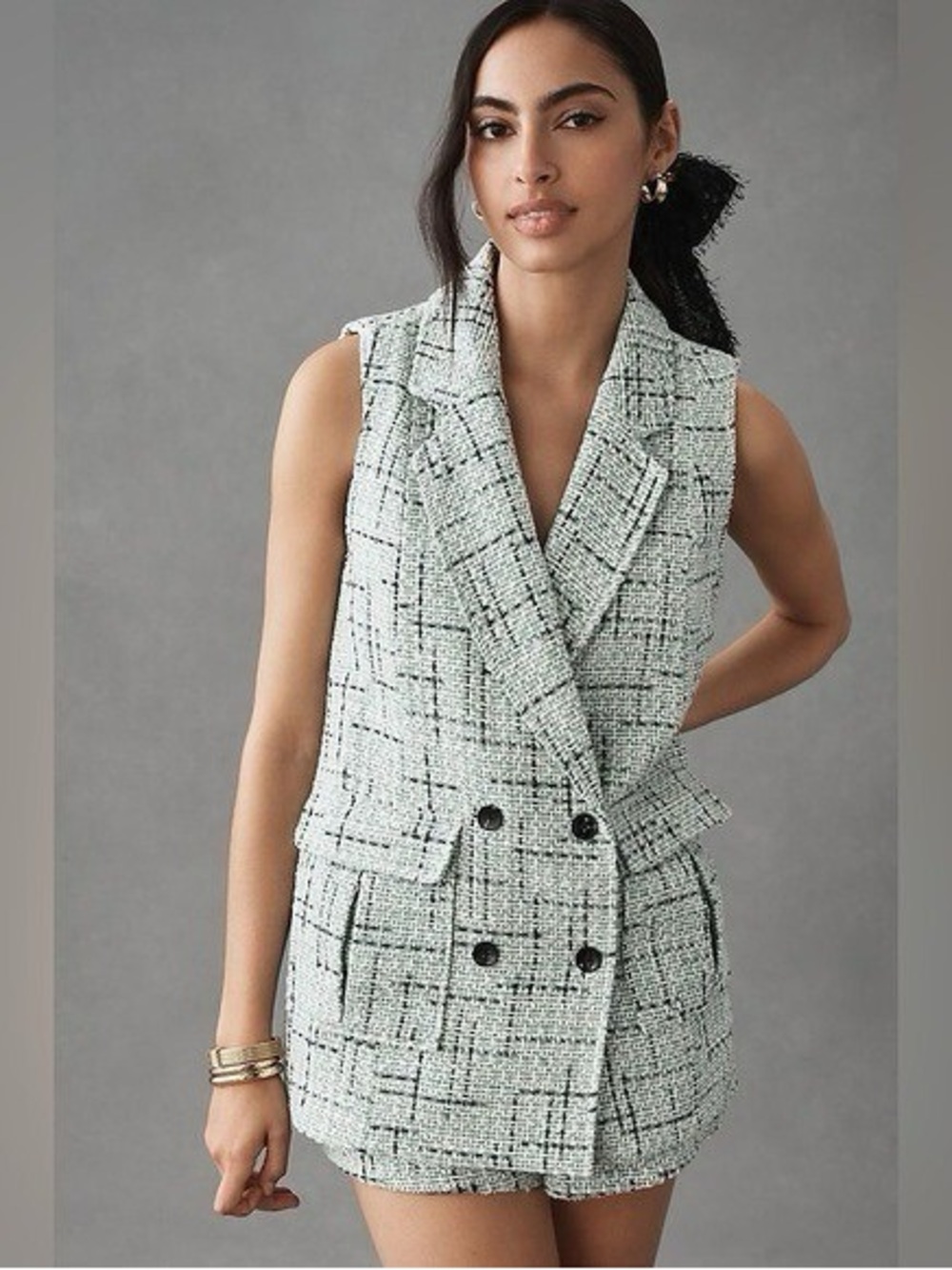 Anthropologie Maeve Tweed Vest Career Jacket Blazer Ivory Black Size 12